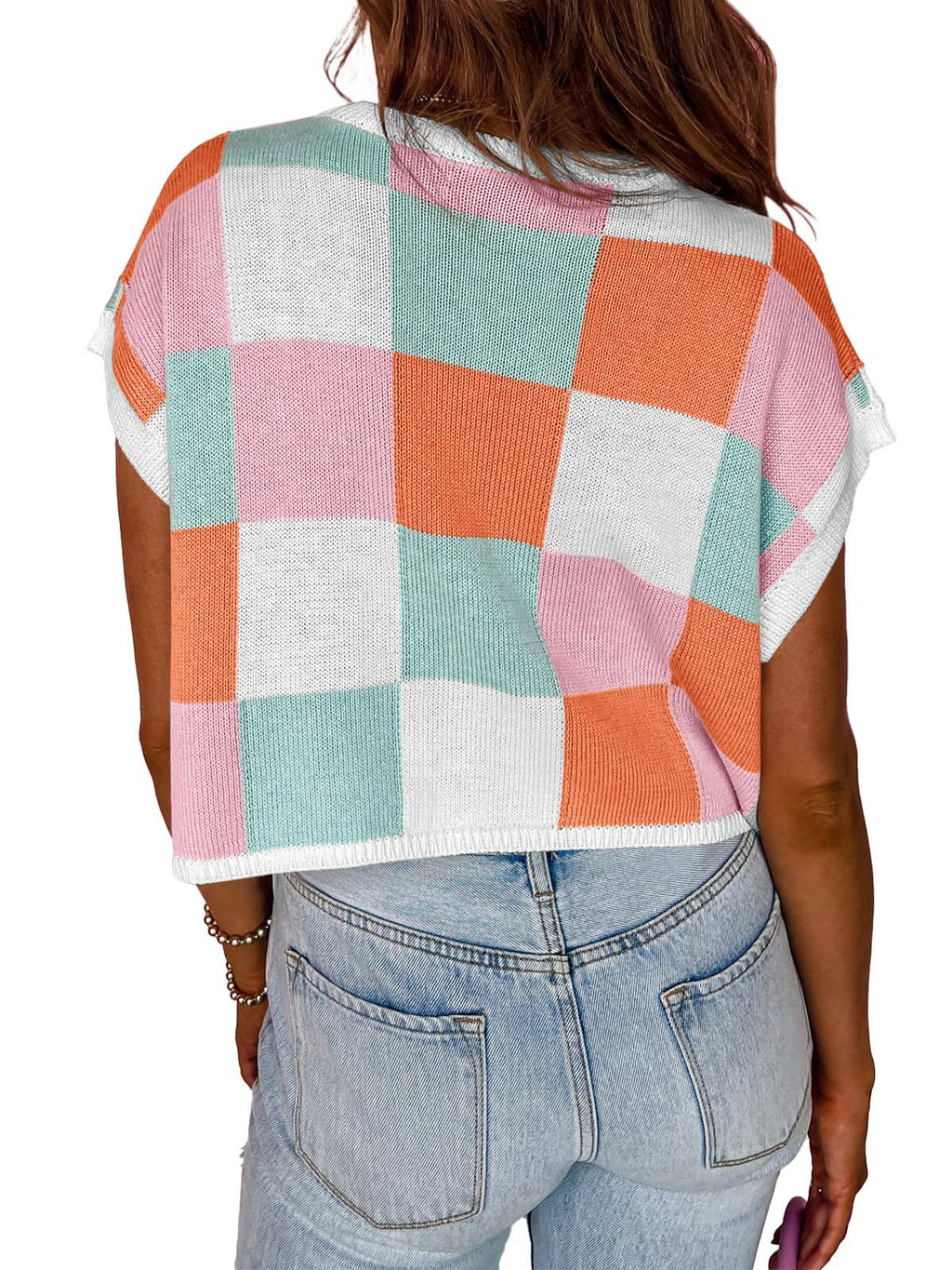 Cropped Checkerboard Knit Top With Cuffed Sleeves - Orange - 3