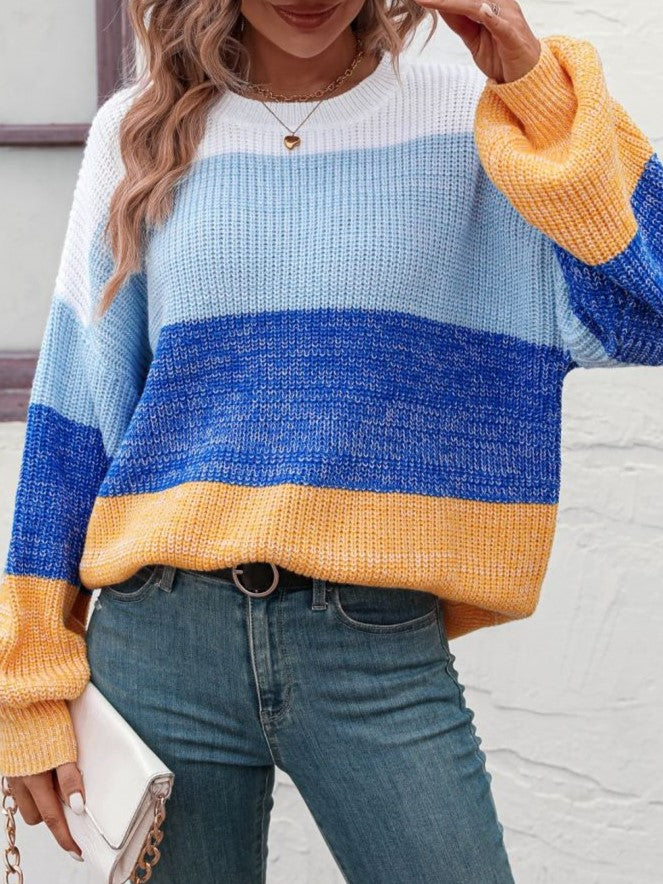 Wide Colorblock Stripe Drop Shoulder Knit Sweater - Blue