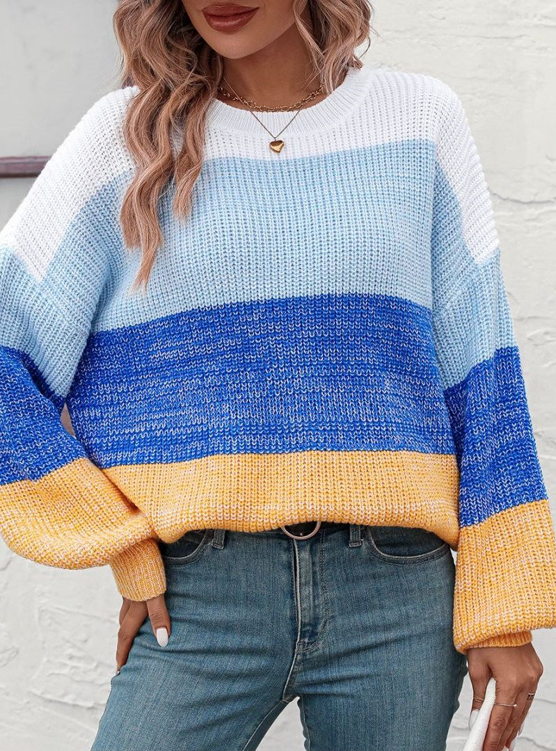 Wide Colorblock Stripe Drop Shoulder Knit Sweater - Blue - 1