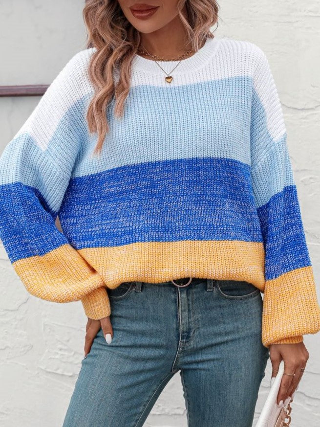 Wide Colorblock Stripe Drop Shoulder Knit Sweater - Blue - 2
