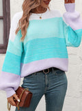 Wide Colorblock Stripe Drop Shoulder Knit Sweater - Green