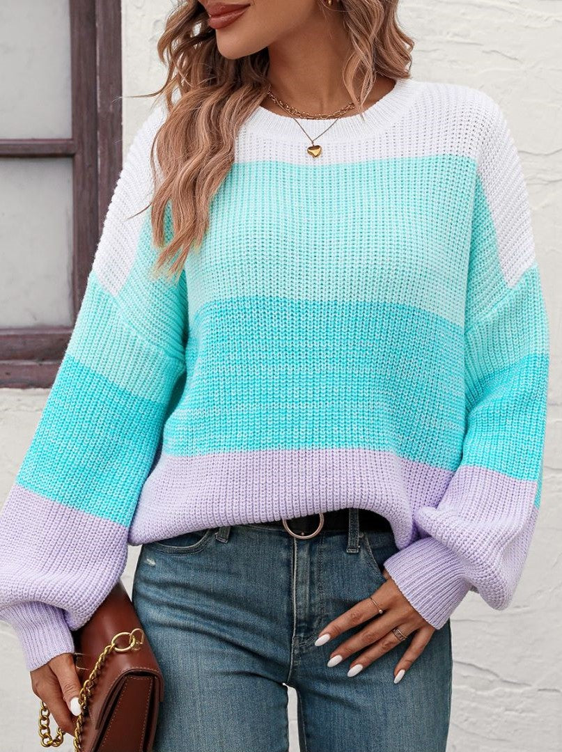 Wide Colorblock Stripe Drop Shoulder Knit Sweater - Green - 1