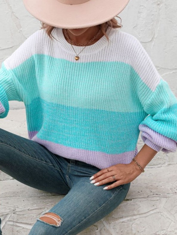Wide Colorblock Stripe Drop Shoulder Knit Sweater - Green - 2