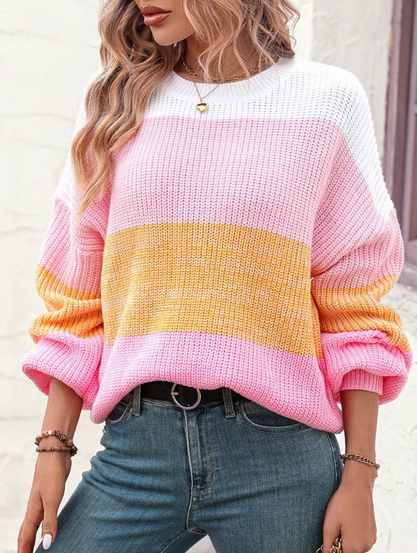 Wide Colorblock Stripe Drop Shoulder Knit Sweater - Pink