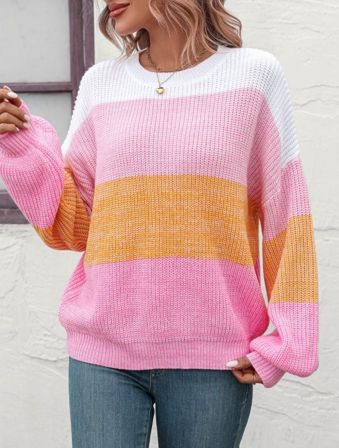 Wide Colorblock Stripe Drop Shoulder Knit Sweater - Pink - 1