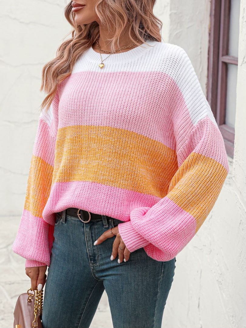 Wide Colorblock Stripe Drop Shoulder Knit Sweater - Pink - 2