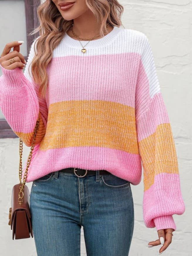 Wide Colorblock Stripe Drop Shoulder Knit Sweater