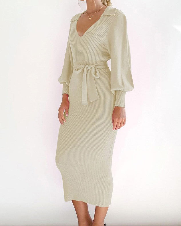 Collared V Neck Ribbed Knit Midi Dress - Apricot - 2