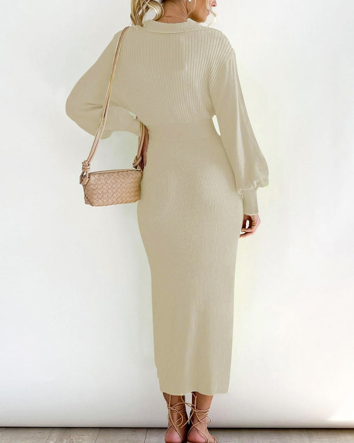 Collared V Neck Ribbed Knit Midi Dress - Apricot - 3