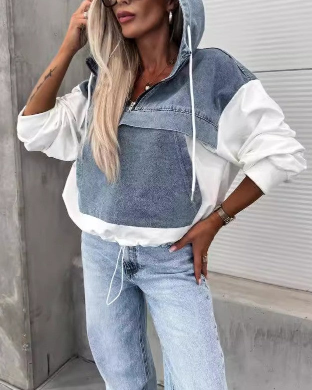 Colorblock Half Zip Hooded Pullover Sweatshirt - White - 1