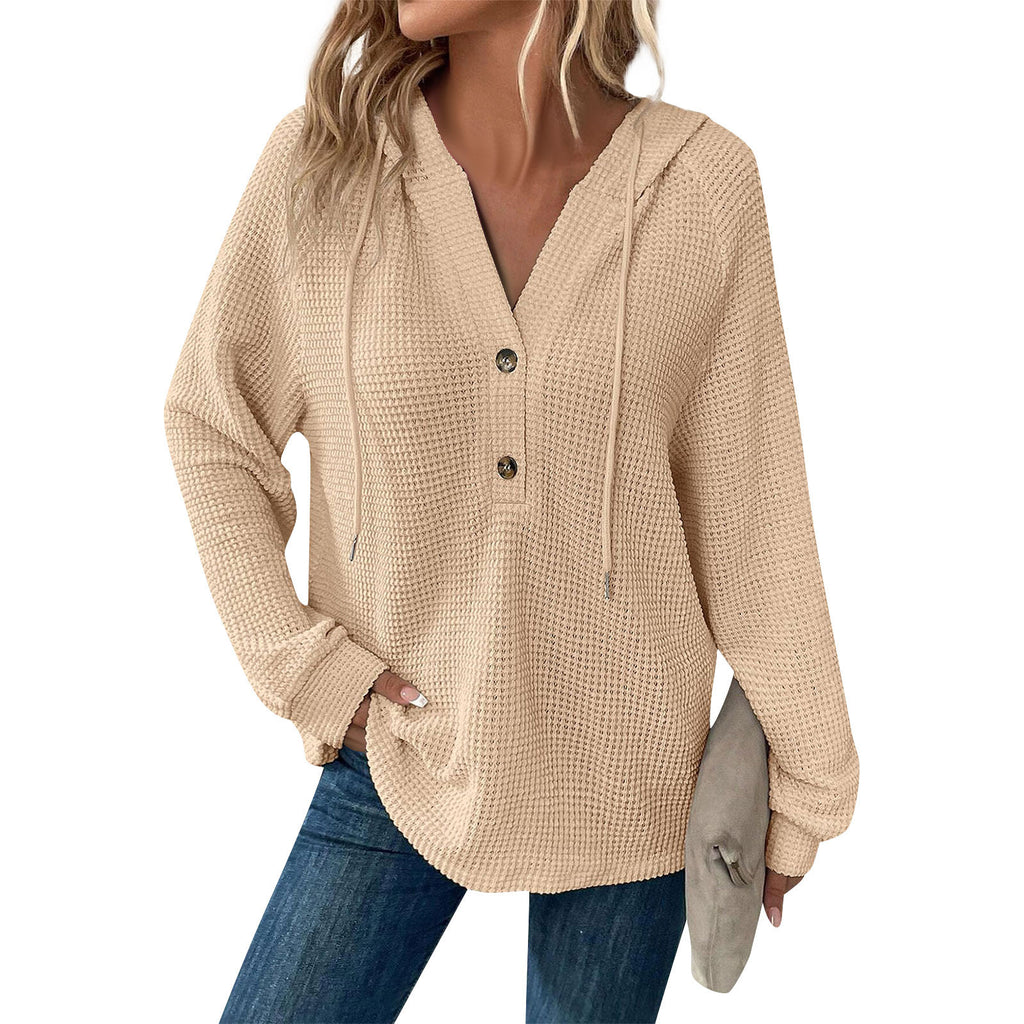 Waffle Knit Button Henley Hoodie - Apricot