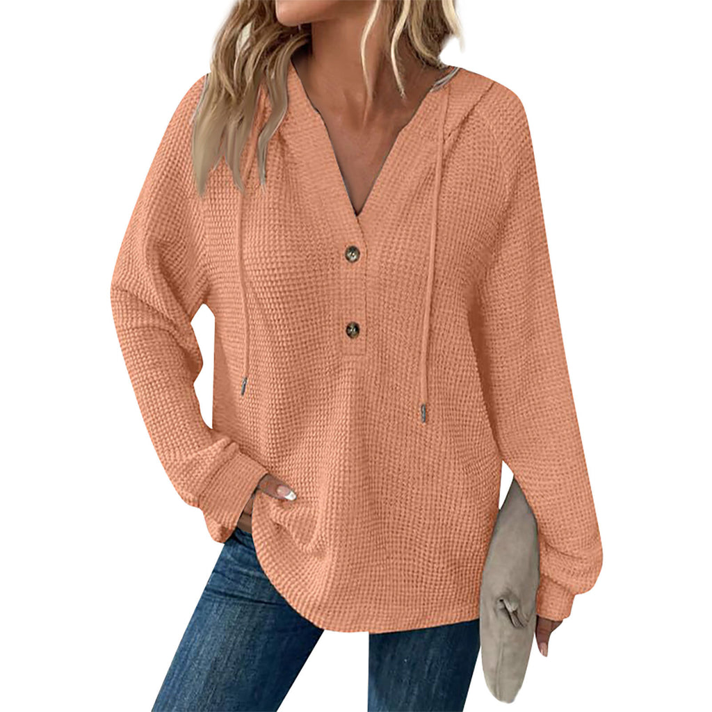 Waffle Knit Button Henley Hoodie - Beige