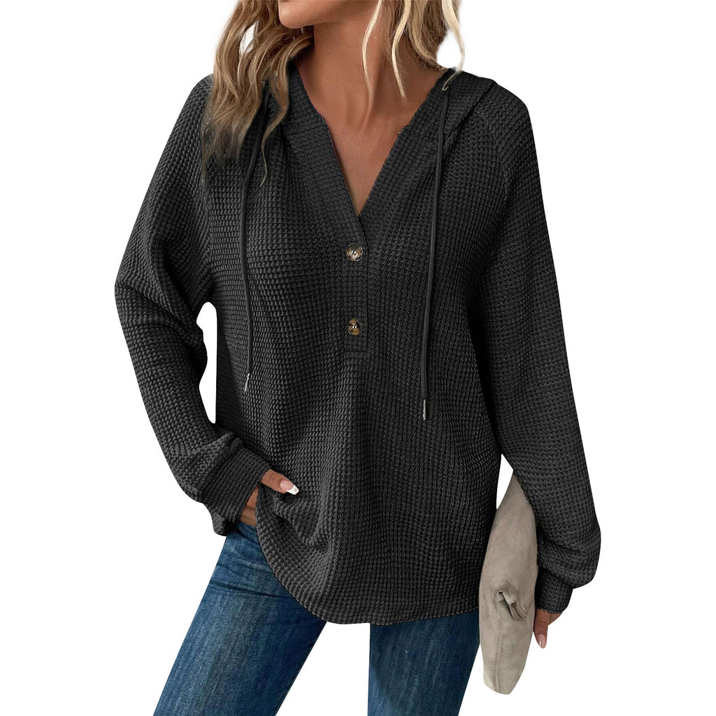Waffle Knit Button Henley Hoodie - Black