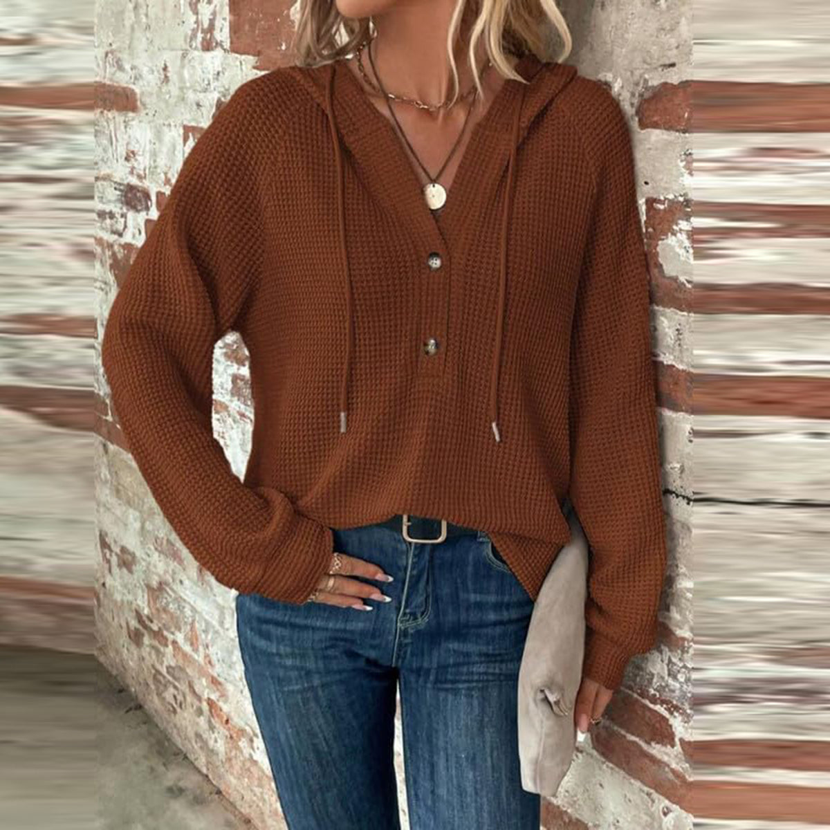 Waffle Knit Button Henley Hoodie - Brown