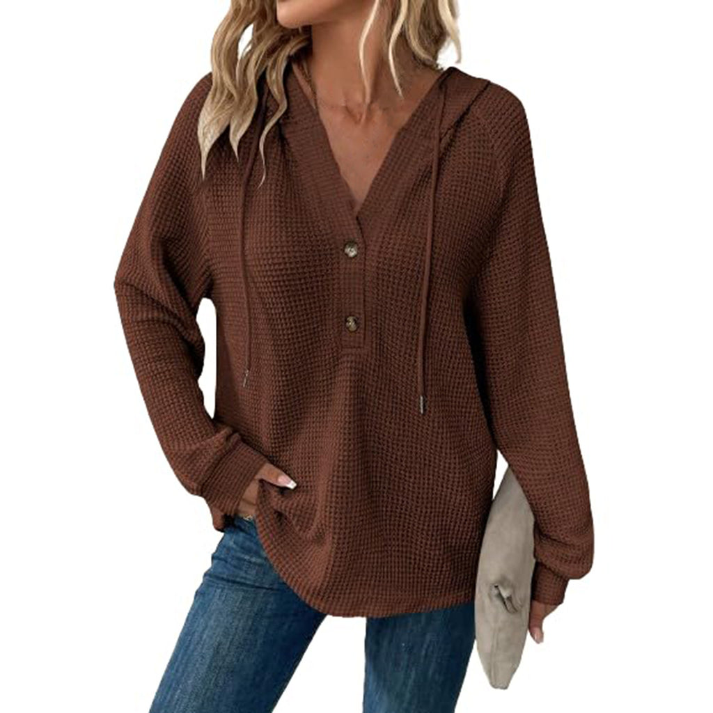 Waffle Knit Button Henley Hoodie - Coffee