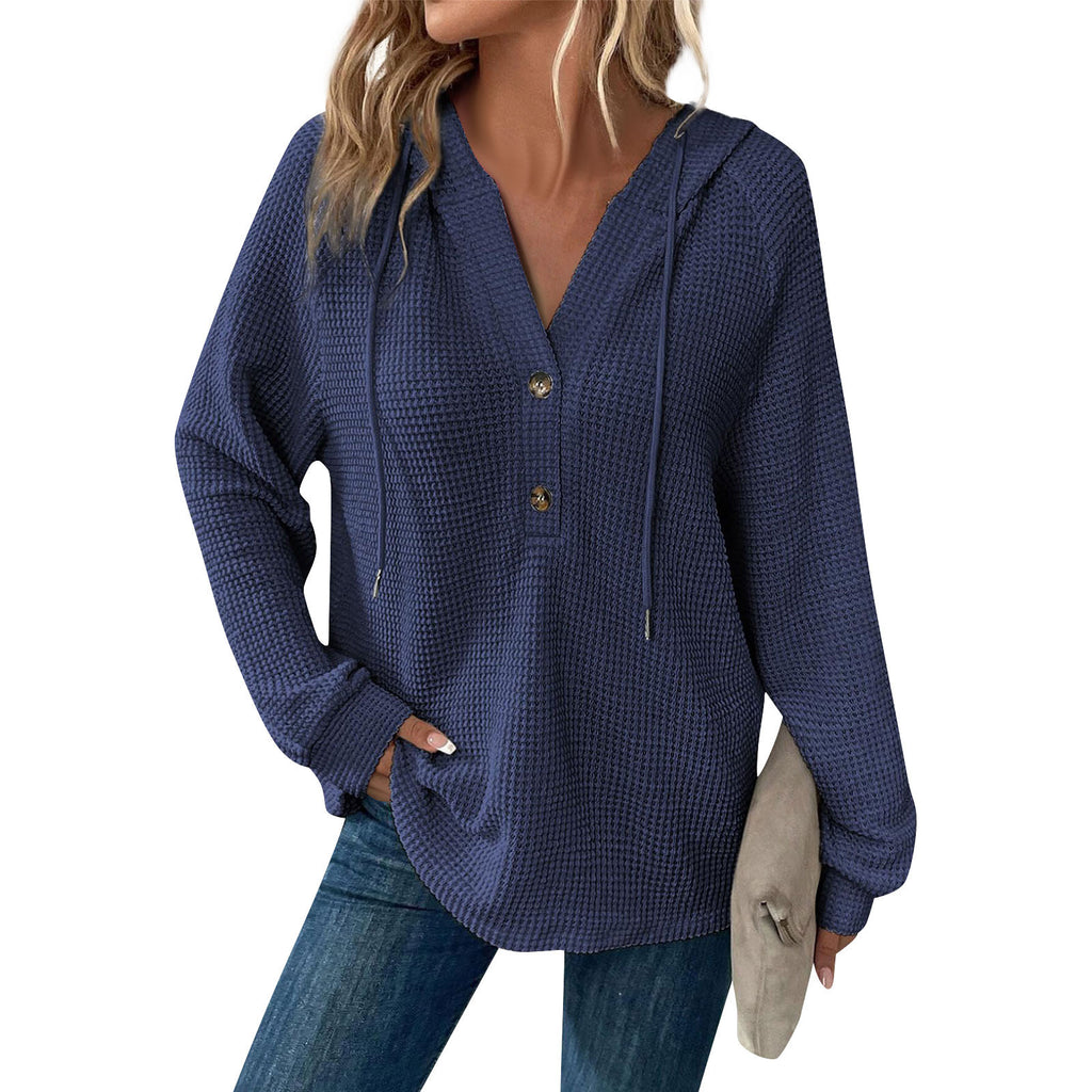Waffle Knit Button Henley Hoodie - DarkBlue
