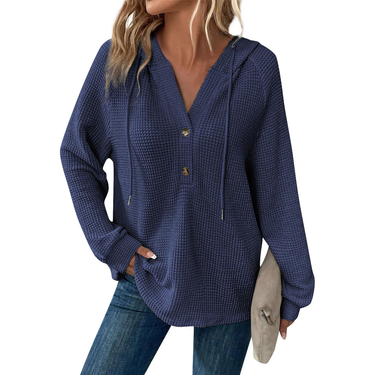 Waffle Knit Button Henley Hoodie - DarkBlue