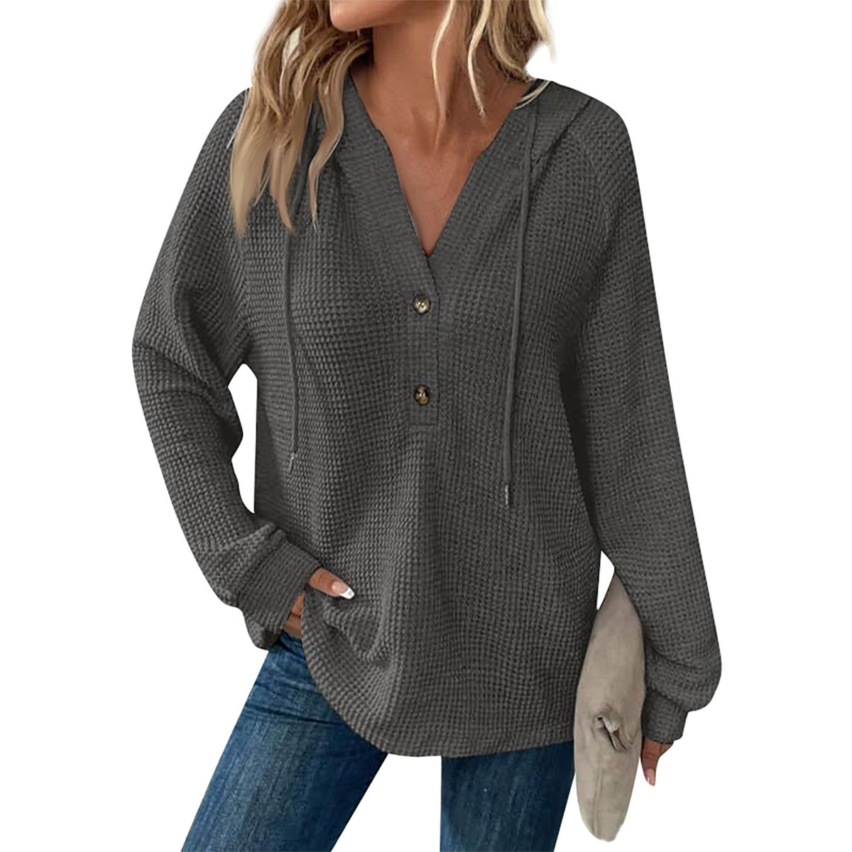 Waffle Knit Button Henley Hoodie - Darkgray