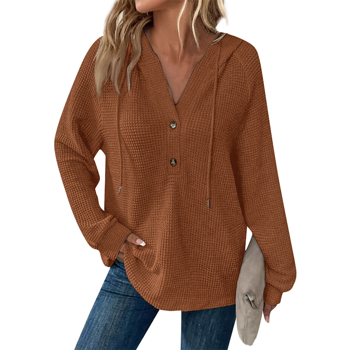 Waffle Knit Button Henley Hoodie - Ginger