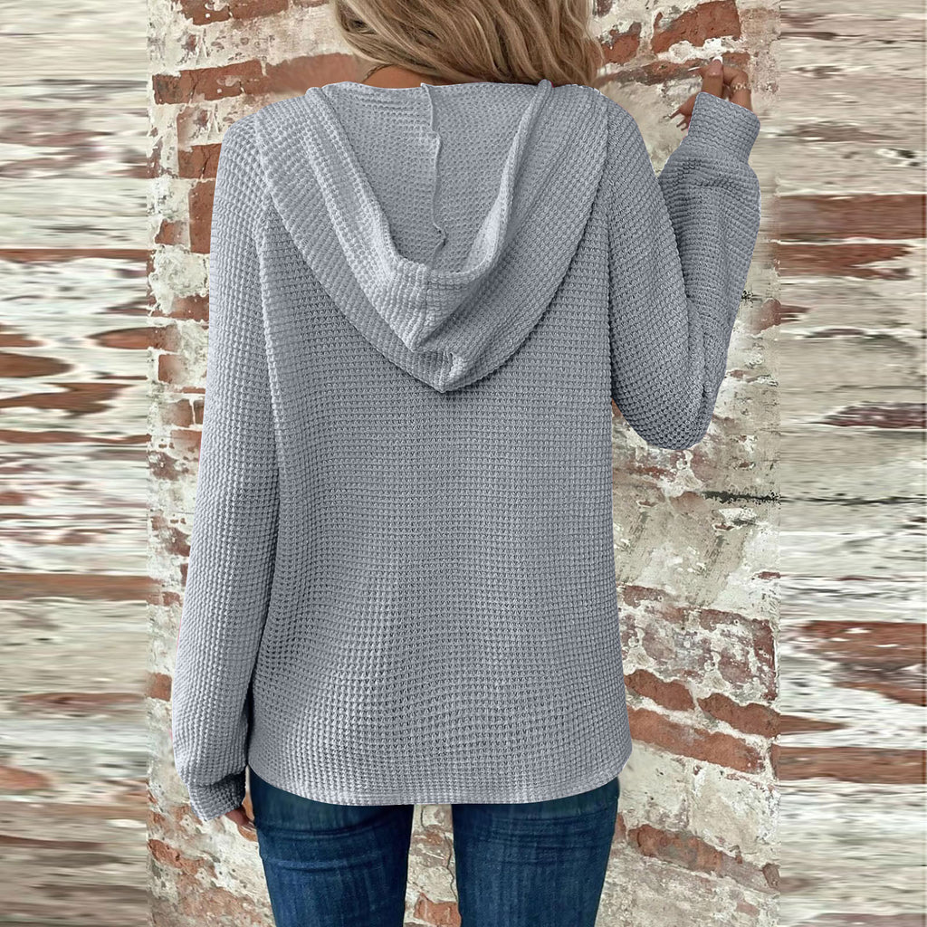 Waffle Knit Button Henley Hoodie - Gray - 2