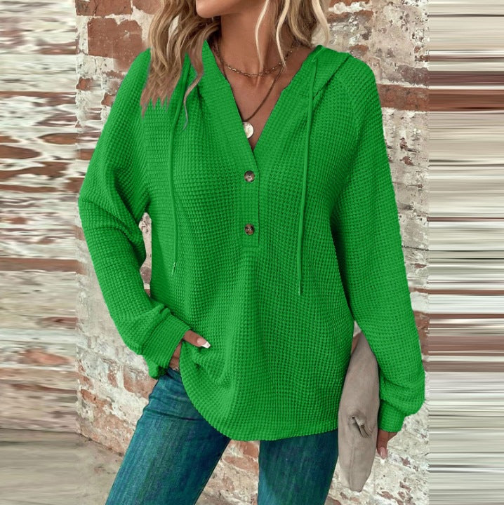 Waffle Knit Button Henley Hoodie - Green