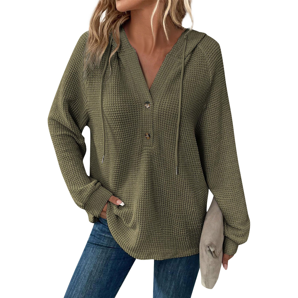 Waffle Knit Button Henley Hoodie - MGreen
