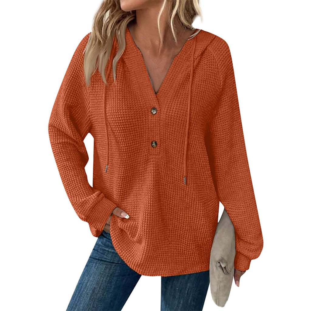 Waffle Knit Button Henley Hoodie - Orange