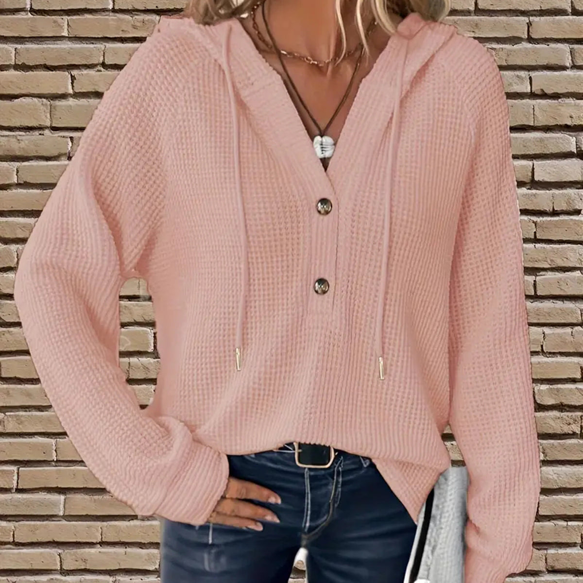 Waffle Knit Button Henley Hoodie - Pink