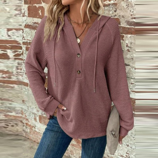 Waffle Knit Button Henley Hoodie - Purple