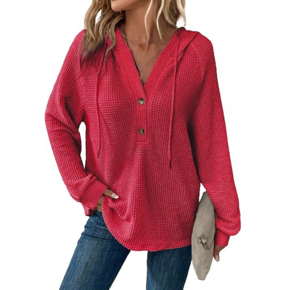 Waffle Knit Button Henley Hoodie - Red