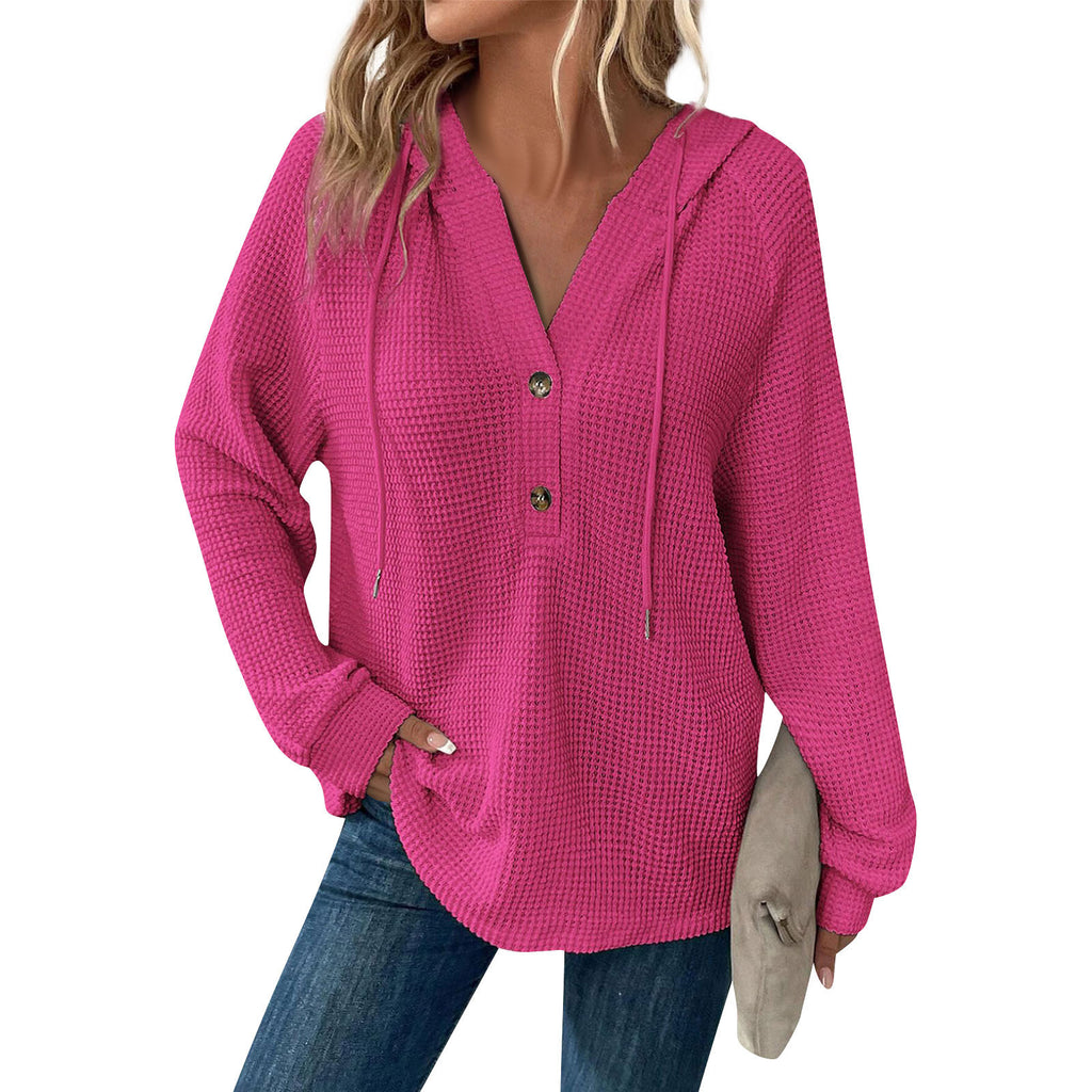 Waffle Knit Button Henley Hoodie - Rose_red