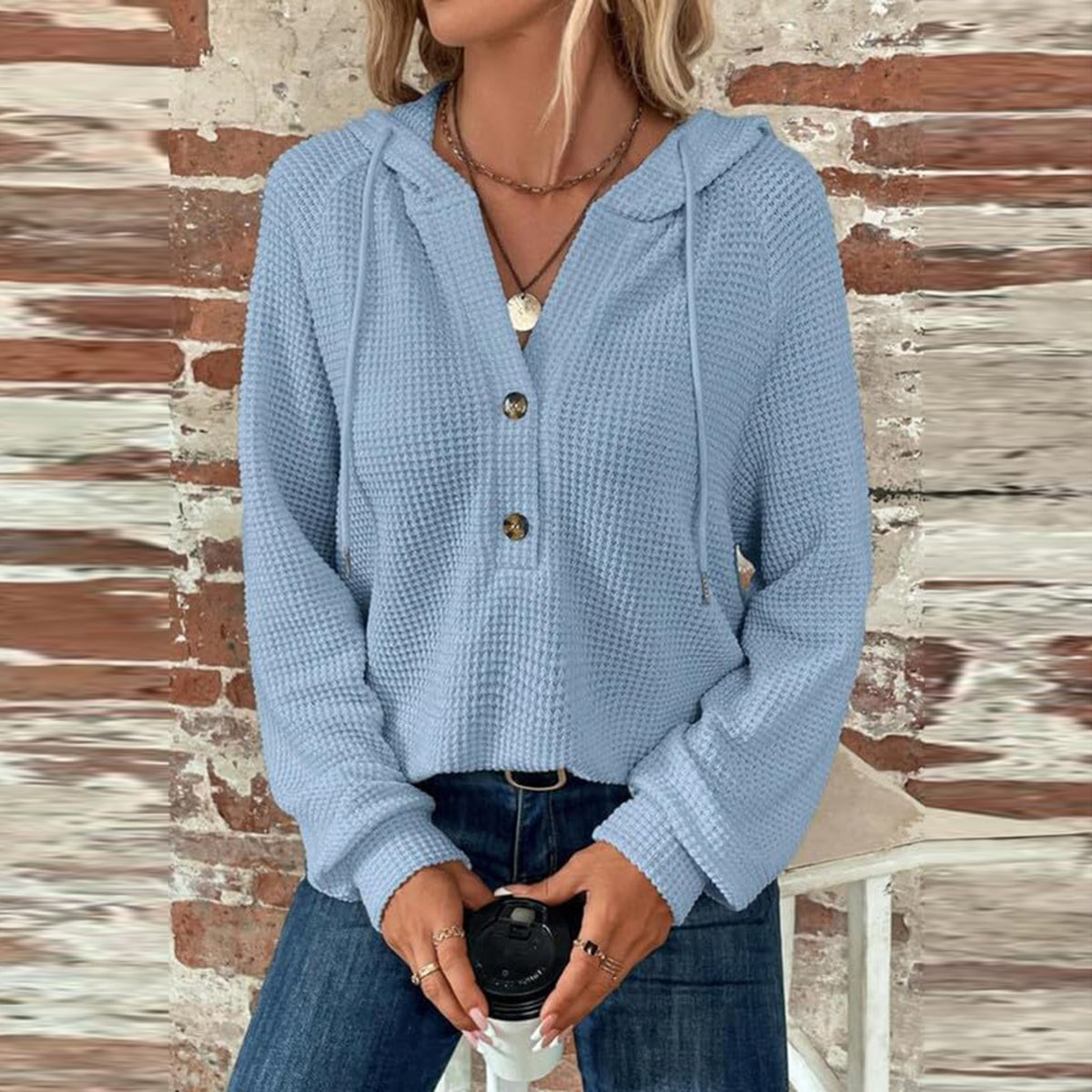 Waffle Knit Button Henley Hoodie - SkyBlue