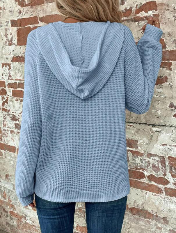 Waffle Knit Button Henley Hoodie - SkyBlue - 1