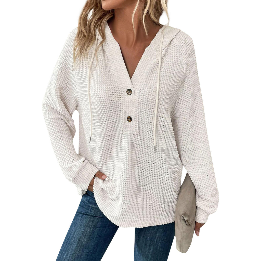Waffle Knit Button Henley Hoodie - White