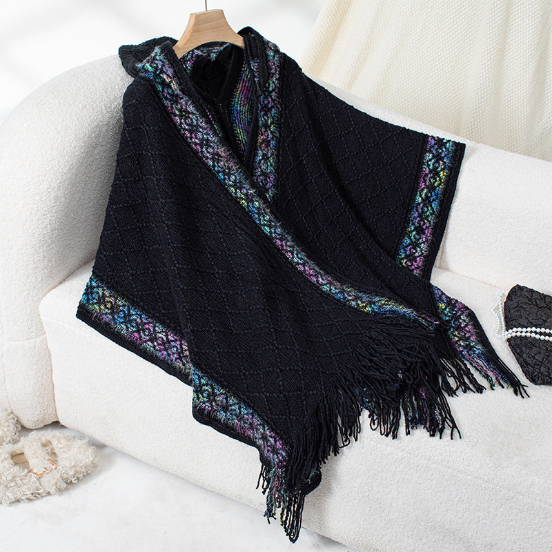 Hooded Fringe Cape With Woven Border - Black