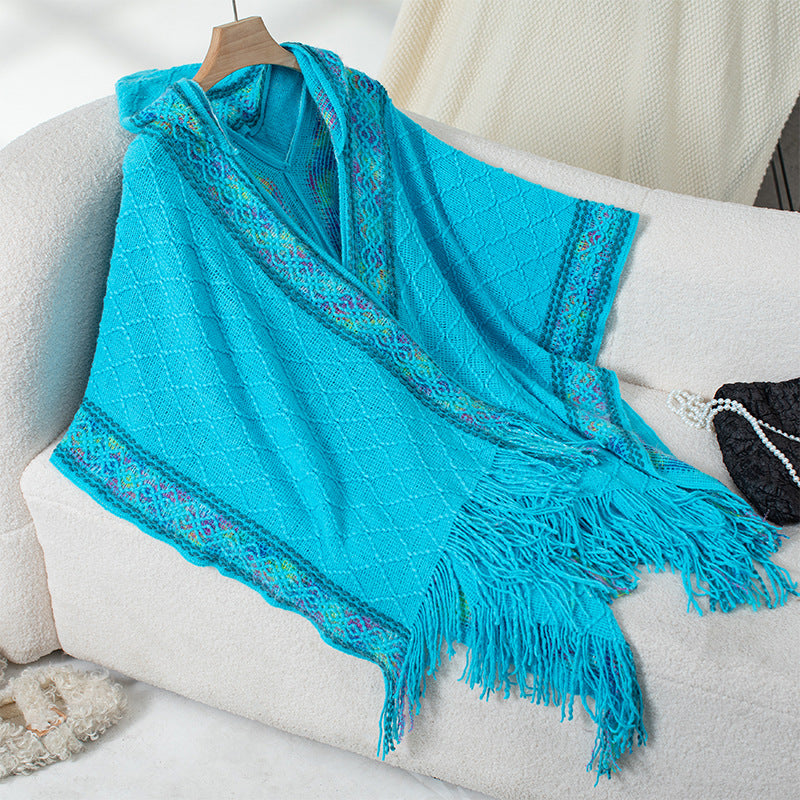 Hooded Fringe Cape With Woven Border - Blue