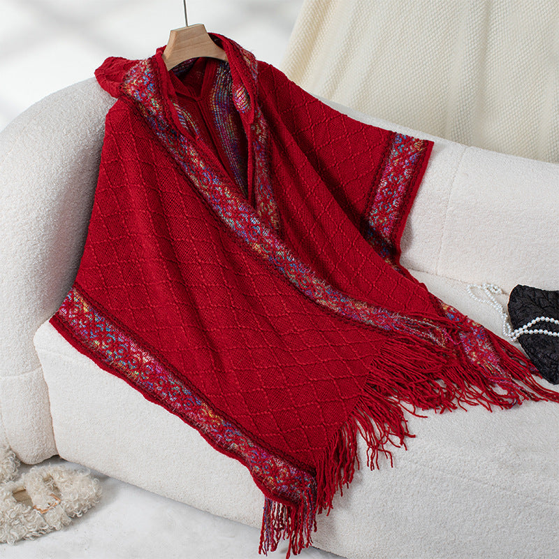 Hooded Fringe Cape With Woven Border - Red