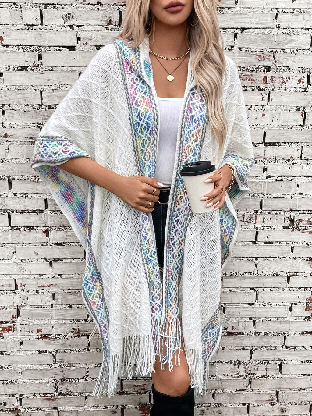 Hooded Fringe Cape With Woven Border - White