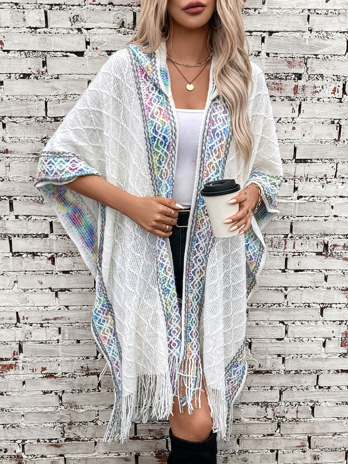 Hooded Fringe Cape With Woven Border - White
