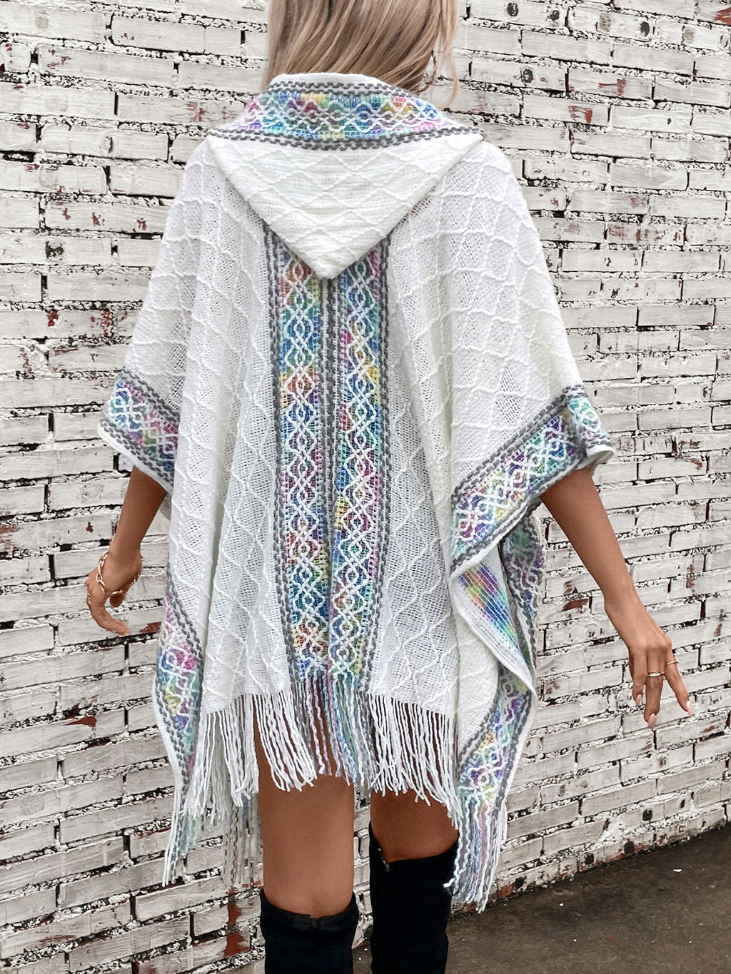 Hooded Fringe Cape With Woven Border - White - 1