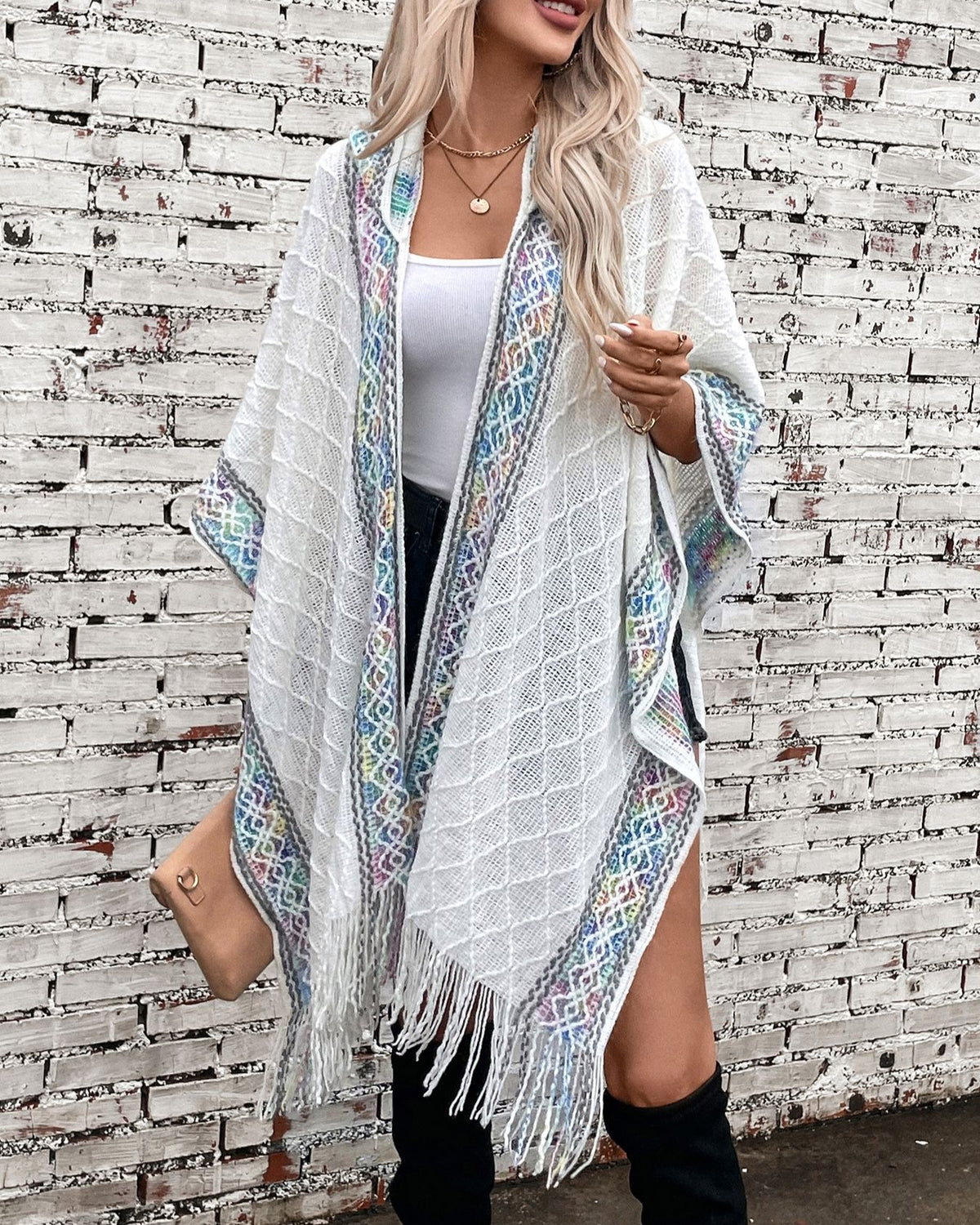 Hooded Fringe Cape With Woven Border - White - 2