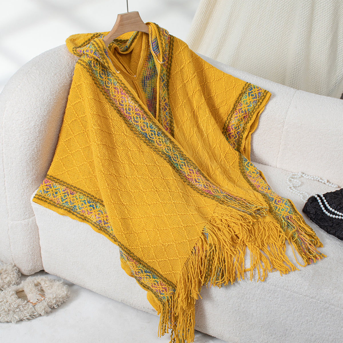Hooded Fringe Cape With Woven Border - Yellow