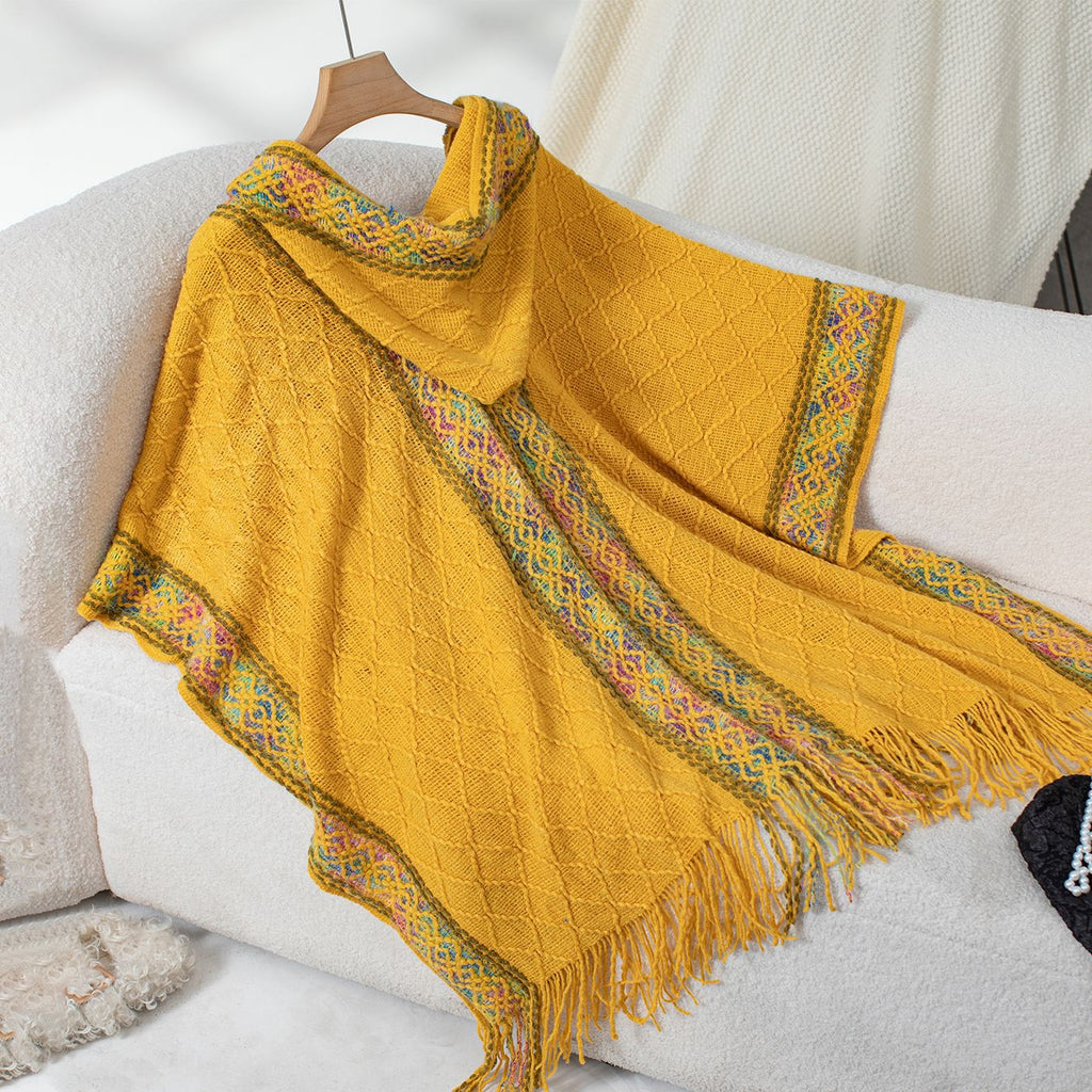 Hooded Fringe Cape With Woven Border - Yellow - 1
