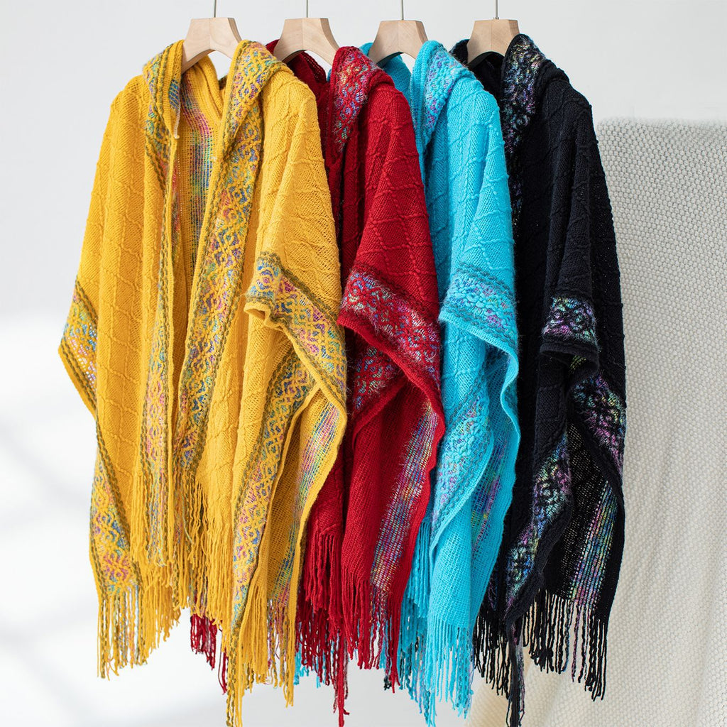 Hooded Fringe Cape With Woven Border - Yellow - 2