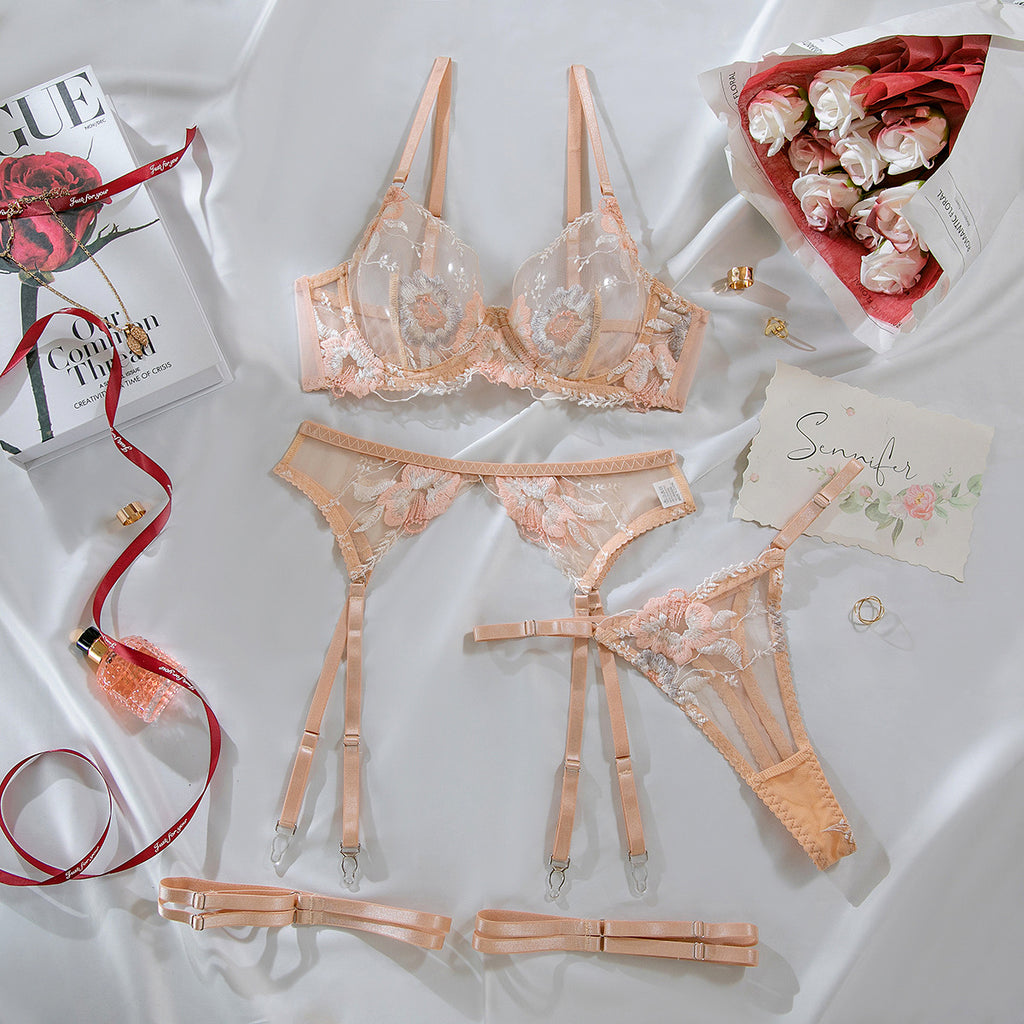 Poppy Embroidered Sheer Bra And Thong Set - Beige - 1