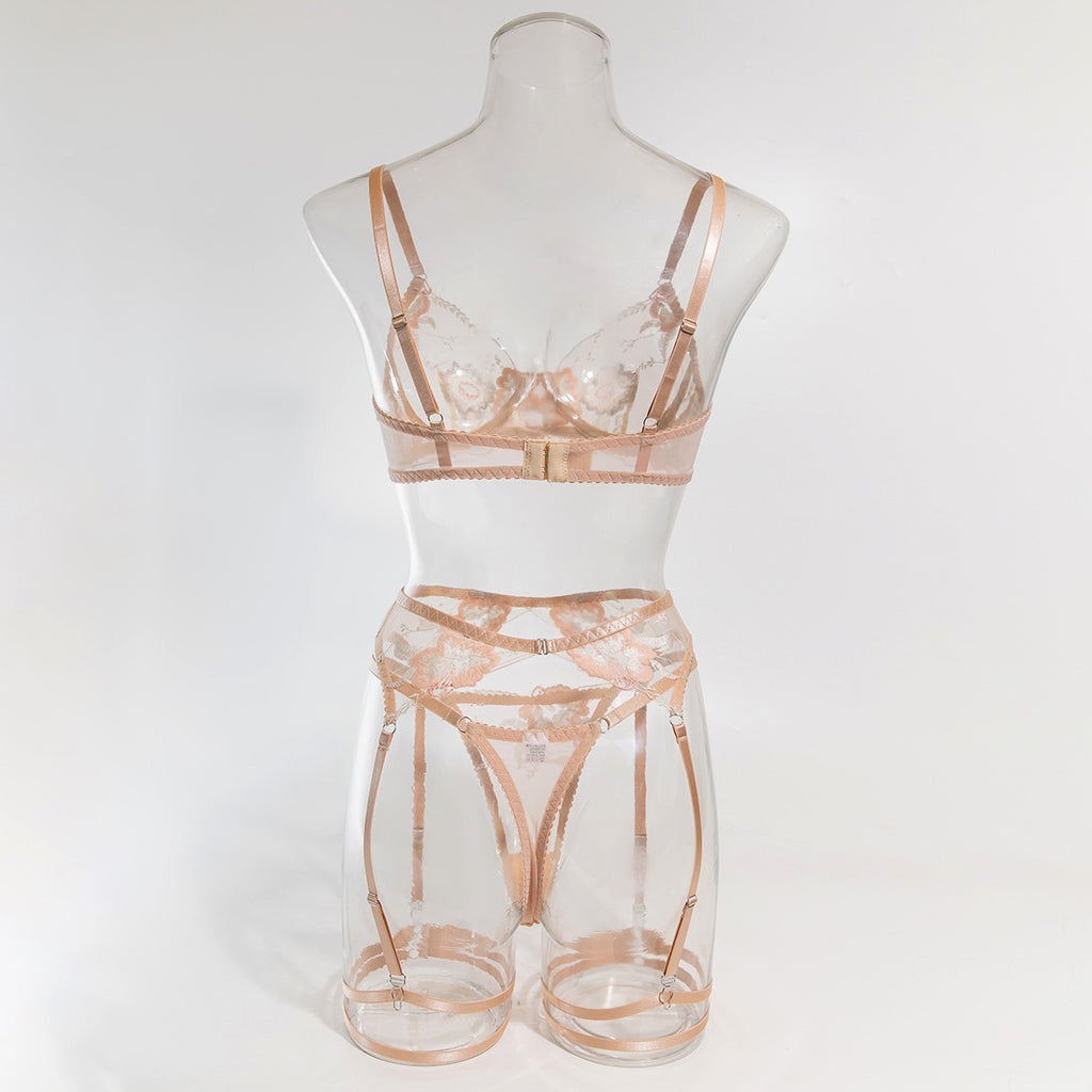 Poppy Embroidered Sheer Bra And Thong Set - Beige - 10