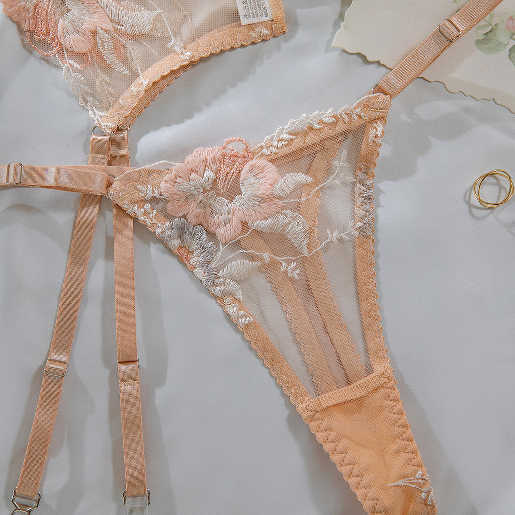 Poppy Embroidered Sheer Bra And Thong Set - Beige - 3