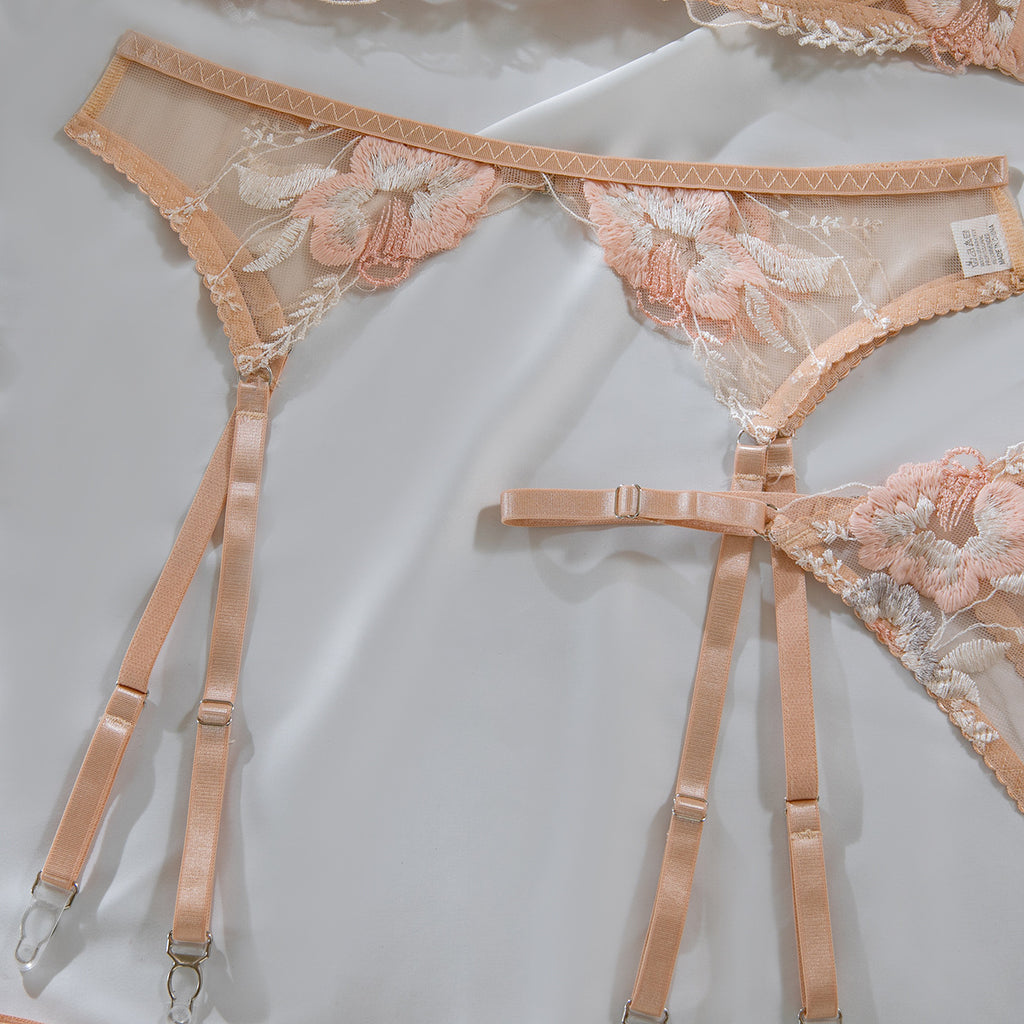 Poppy Embroidered Sheer Bra And Thong Set - Beige - 4