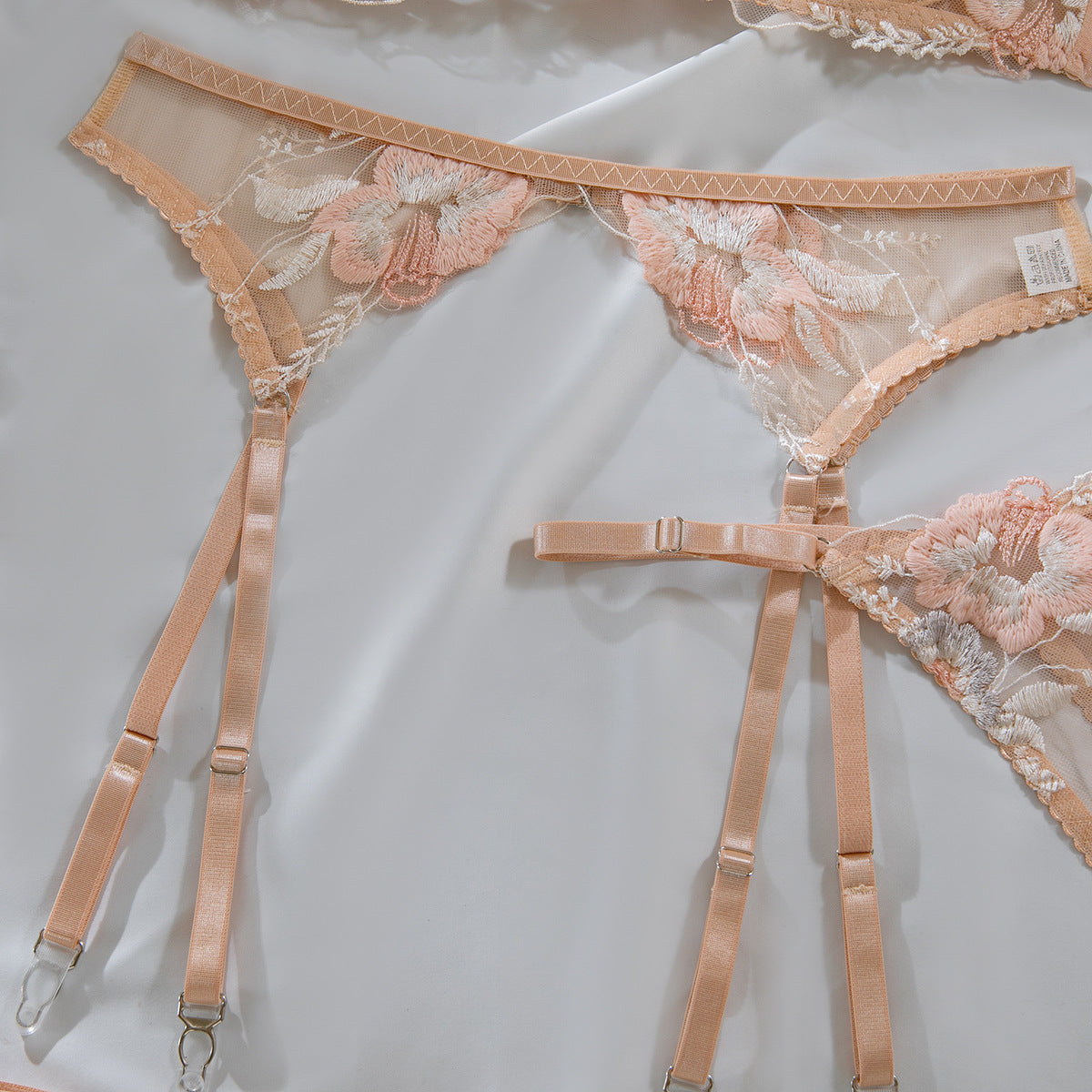 Poppy Embroidered Sheer Bra And Thong Set - Beige - 4