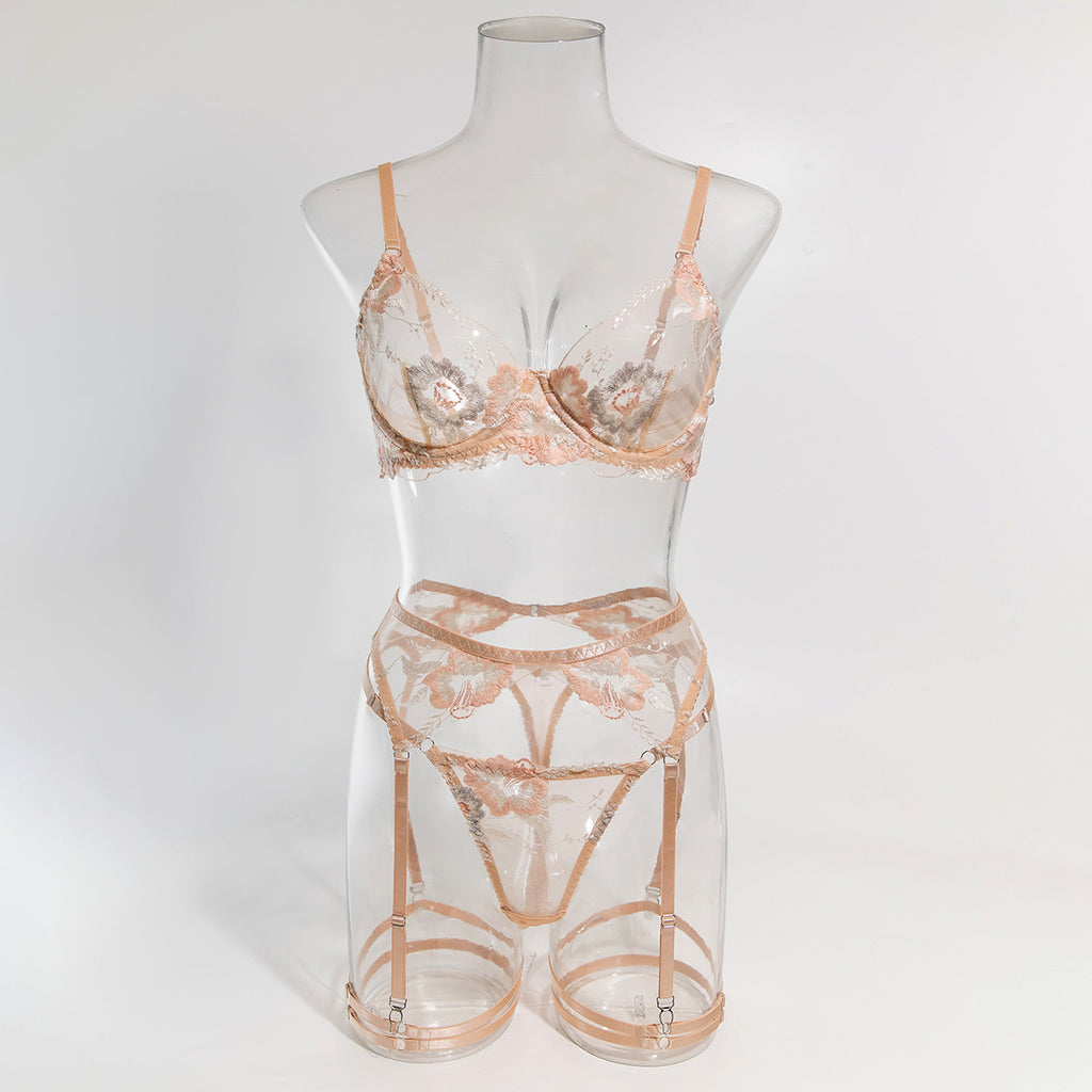 Poppy Embroidered Sheer Bra And Thong Set - Beige - 8